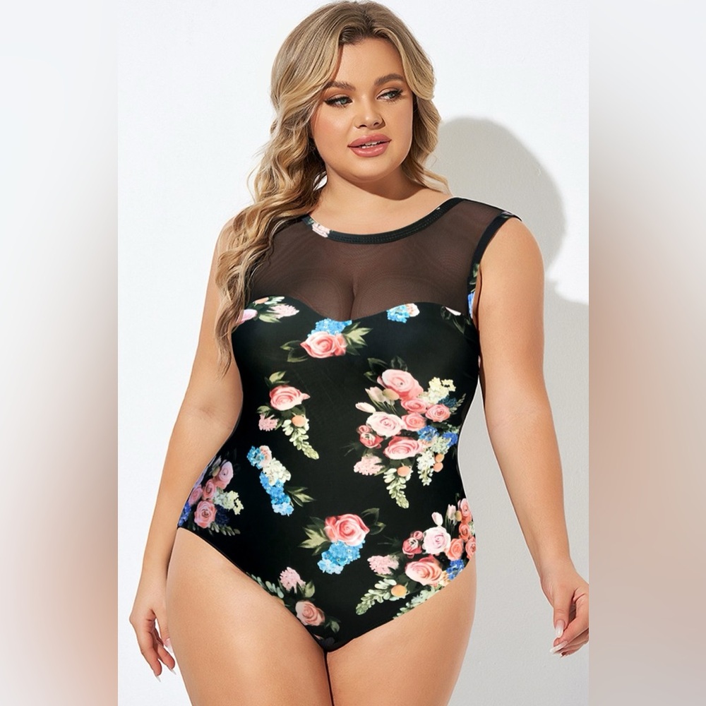 High Neck Black Floral Print Mesh One Piece Swimsuit